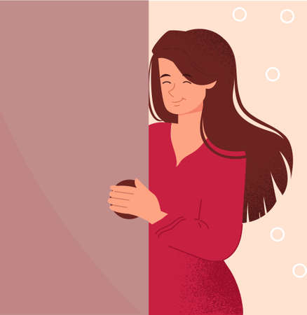 Woman looks out of door. Metaphor of curiosity, character spying. Friendly neighbor, attentive girl. Pretty person looking something outside. Apartment, home, room. Cartoon flat vector illustrationのイラスト素材
