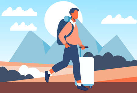 Tourist on travel. Man with suitcase in his hand walks against backdrop of mountain landscape. Character enjoys nature. Travel adventure, trip, fresh air, outdoor. Cartoon flat vector illustrationのイラスト素材