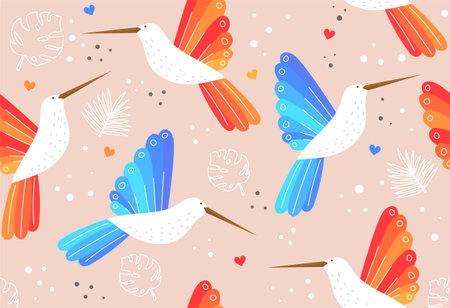 Colibri seamless pattern. Repetitive patterns for printing on fabric. Birds, nature, fauna, beautiful patterns. Childrens drawings, textiles, fashion, style. Cartoon flat vector illustrationのイラスト素材