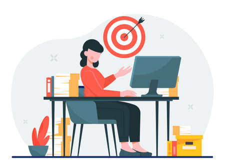 Concept of goal setting. Girl sits at table next to arrow in target. Metaphor of responsible and successful employee. Subordinate follows instructions of superior. Cartoon flat vector illustrationのイラスト素材