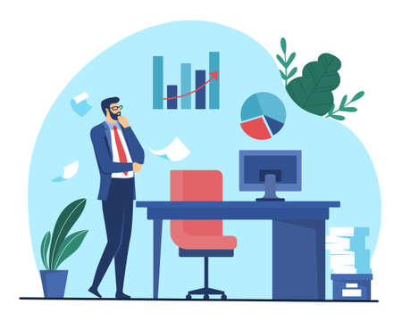 Successful businessman in office. Pensive man analyzes statistics, entrepreneur evaluates graphs and diagrams. Boss thinks about further development of company. Cartoon flat vector illustrationのイラスト素材