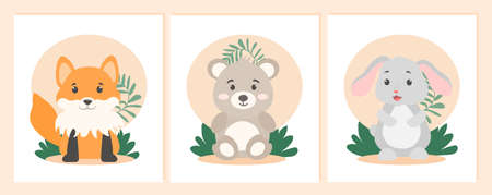Posters with little animals. Graphic elements for site, childrens images. Collection of postcards...