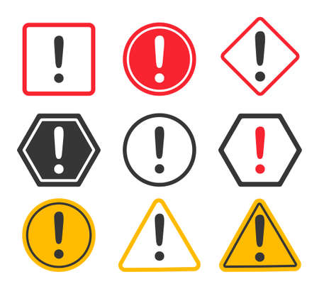Set of alert sign. Collection of graphic elements for website. Metaphor of danger in internet. Online icons, buttons and warning symbolのイラスト素材