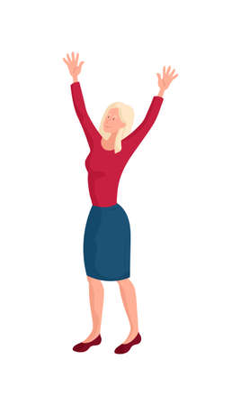 Hand up woman. Character celebrating his success. Employee receives award, girl lucky. Joy and happiness, completed task, achievement. Cartoon flat vector illustration isolated on white backgroundのイラスト素材