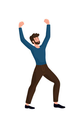 Happy proud man. Person raises his hands up. Employee successfully completed project, victory at work, leader. Reward and achievement. Cartoon flat vector illustration isolated on white backgroundのイラスト素材