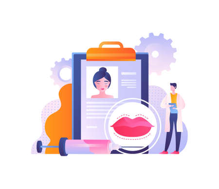 Cosmetic procedures and lip injection. Doctor evaluates girls profile in order to get acquainted with contraindications and wishes, botex. Customer information. Cartoon flat vector illustrationのイラスト素材