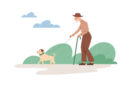 Old man and dog. Grandfather walks through park with stick and pet. Nature, outdoor and fresh air. Pensioner takes care of his animal. Love and protection for mammal. Cartoon flat vector illustrationのイラスト素材