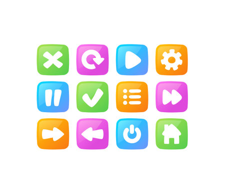 Elements for games. Buttons for gameplay, strategy design. Smartphone applications. Arrows and time rewind. Bright icons collection. Cartoon flat vector illustrations isolated on white backgroundのイラスト素材
