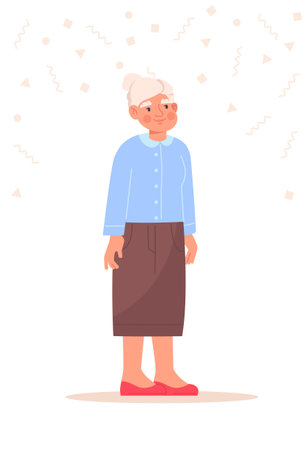 Multicultural person concept. Smiling European woman in classic skirt and blue sweater. Elderly grandmother retiring. Happy character. Cartoon flat vector illustration isolated on white backgroundのイラスト素材