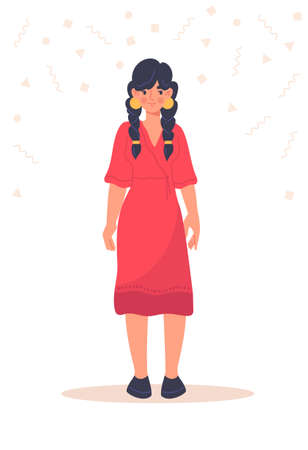 Multicultural person concept. Cute beautiful woman in red dress and accessories from Asian countries. Smiling happy female character. Cartoon flat vector illustration isolated on white backgroundのイラスト素材