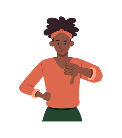 Negative gesture concept. Young man with pessimistic expression shows thumbs down. Bad or terrible. Male character disapproves of idea. Cartoon flat vector illustration isolated on white backgroundのイラスト素材