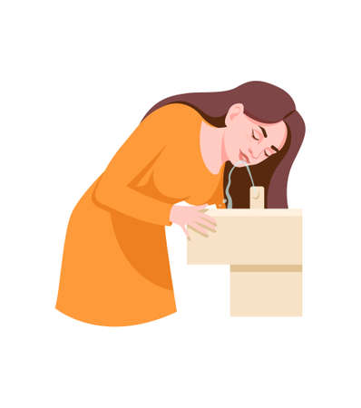 Person drinks water concept. Beautiful woman drinks pure water from special fountain. Female character quenches thirst. Design for print. Cartoon flat vector illustration isolated on white backgroundのイラスト素材