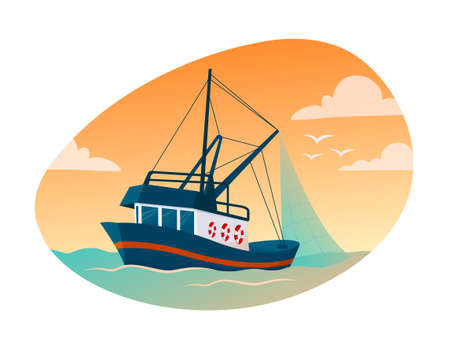 Natural resources concept. Colorful poster with ship, sea and fishing net. Fish and seafood industry. Design for apps and printing. Cartoon flat vector illustration isolated on white backgroundのイラスト素材