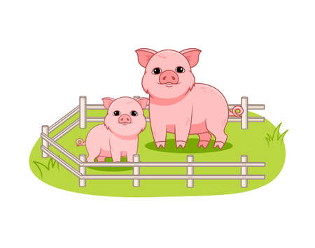 Pets and their children concept. Cute adult and young pig in wooden pen. Farm animals. Mother and baby. Design element for websites. Cartoon flat vector illustration isolated on white backgroundのイラスト素材