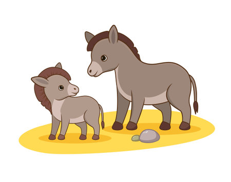Pets and their children concept. Poster with young and adult donkey. Agriculture or farm animals. Mother and baby cattle graze in meadow. Cartoon flat vector illustration isolated on white backgroundのイラスト素材