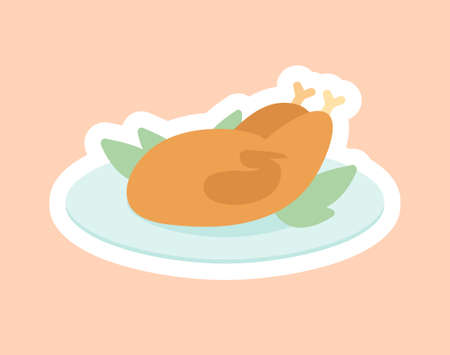Planner or diary decorating element. Sticker with baked chicken with vegetables on plate. Festive lunch. Design for social network. Cartoon flat vector illustration isolated on beige backgroundのイラスト素材