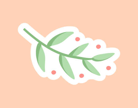 Planner or diary decorating element. Colorful sticker with green plant branch, leaves and red dots. Organic design for printing on paper. Cartoon flat vector illustration isolated on beige backgroundのイラスト素材