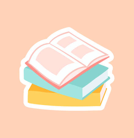 Planner or diary decorating element. Colorful sticker with stack of closed and open books. Education or literature. Design for printing. Cartoon flat vector illustration isolated on beige backgroundのイラスト素材