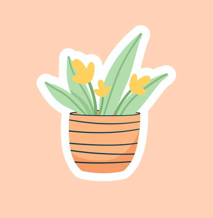 Planner or diary decorating element. Colorful sticker with beautiful green houseplant with yellow flowers. Organic design for printing. Cartoon flat vector illustration isolated on beige backgroundのイラスト素材