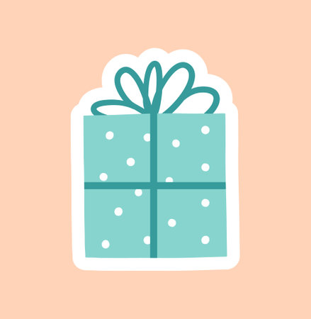 Planner or diary decorating element. Colorful sticker with blue gift box and cute bow. Surprise for holiday. Design for printing. Cartoon flat vector illustration isolated on beige backgroundのイラスト素材
