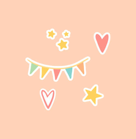 Planner or diary decorating element. Colorful set of stickers with garland, hearts and yellow stars. Festive design for greeting card. Cartoon flat vector illustration isolated on beige backgroundのイラスト素材