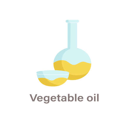 Thyroid nutrition infographic element. Bad food for thyroid gland. Vegetable oil with cup and round flask. Refined products and margarine. Cartoon flat vector illustration isolated on white backgroundのイラスト素材
