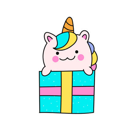 Cute unicorn concept. Funny sticker with smiling pink unicorn sitting in blue gift box with ribbon. Design element for greeting card. Cartoon flat vector illustration isolated on white backgroundのイラスト素材