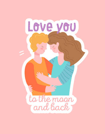 Happy Valentine Day concept. Poster with man and woman embracing in love and inscription. Design element for stickers and greeting cards. Cartoon flat vector illustration with pink backgroundのイラスト素材