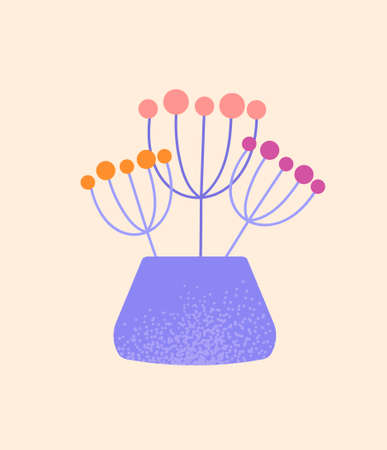 Beautiful Houseplant concept. Colorful poster with unusual flower with thin stems and round leaves in purple textured pot. Design element for wall decoration. Cartoon flat vector illustrationのイラスト素材