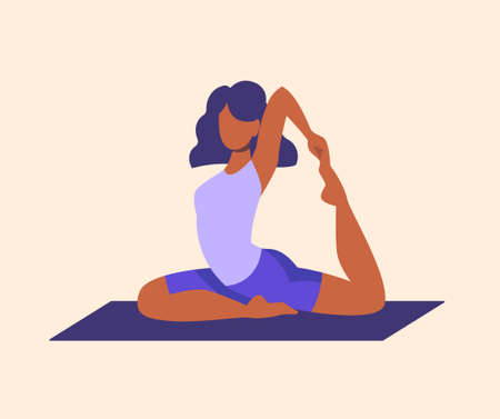 Yoga or stretching. Beautiful woman in sportswear sits on mat and performs asana. Female character engaged in sports, leads healthy lifestyle. Training or exercise. Cartoon flat vector illustrationのイラスト素材