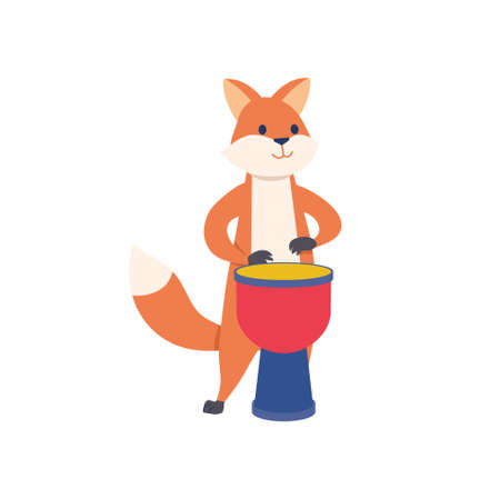 Animals play music. Cute fox with drum. Drums and rhythm, orchestra of adorable characters. Icon for website and badge for children. Cartoon flat vector illustration isolated on white backgroundのイラスト素材