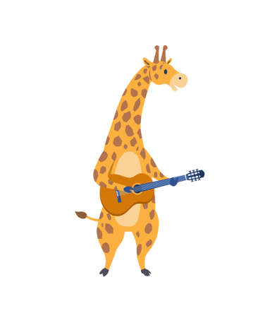 Animals play music. Giraffe with guitar, string instruments. Tall character with long neck, acoustics and orchestra. Social media sticker. Cartoon flat vector illustration isolated on white backgroundのイラスト素材