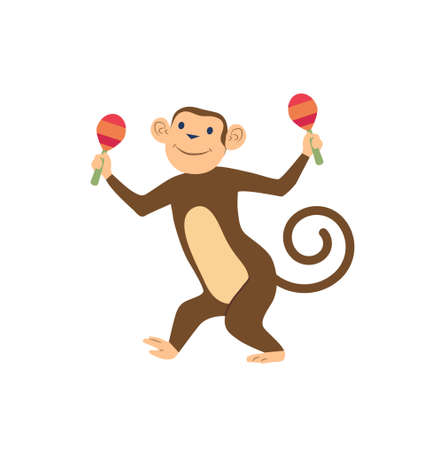 Animals play music. Monkey with maracas. Rhythm instruments. Unusual musician, wild orchestra. Picture for printing on kids clothes. Cartoon flat vector illustration isolated on white backgroundのイラスト素材