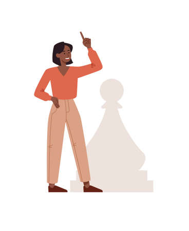 Characters with chess. Girl raises her finger up next to pawn. Grandmaster, intellectual games and sports. Development of logic and imagination, smart character. Cartoon flat vector illustrationのイラスト素材