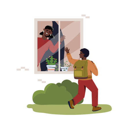 People leave home. Boy waves his hand to mother. Child goes to school. Summer scene, building and house. Schoolboy on way to lessons, training and education. Cartoon flat vector illustrationのイラスト素材