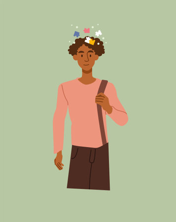 Psychological concept feelings. Man stands with soft puzzles. Character thinks about positive emotions. Optimist, creative person. Cartoon flat vector illustration isolated on green backgroundのイラスト素材