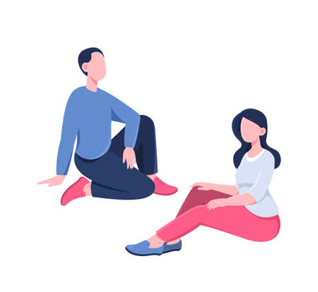 Set of character positions. Man and girl sitting side by side. Couple on romantic date. Family resting in nature, characters for banners. Cartoon flat vector illustration isolated on white backgroundのイラスト素材