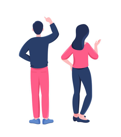 Set of character positions. Man and girl from back. Couple waving hands to someone. Characters for posters and banners, graphic elements. Cartoon flat vector illustration isolated on white backgroundのイラスト素材