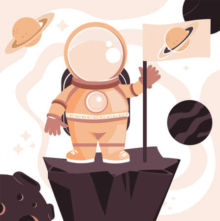 Little astronaut in outer space. Child in spacesuit holds flag in his hands and sets it on asteroid. Universe with planet, star and moon. Design element for postcard. Cartoon flat vector illustrationのイラスト素材