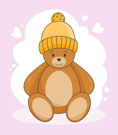 Toy Teddy bear concept. Cute little bear in orange knitted hat with pompom. Design element for postcards, covers and prints on children clothing. Cartoon contemporary flat vector illustrationのイラスト素材
