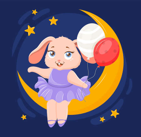 Cute bunny girl concept. Beautiful rabbit in blue dress sits on moon and holds balloons. Design element for printing on fabric or decorating walls. Cartoon contemporary flat vector illustrationのイラスト素材