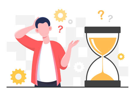 Patience and slow time feeling concept. Slow hourglass countdown. Lazy man with boring emotions waiting for end of time. Perseverance and determination in business. Cartoon flat vector illustrationのイラスト素材