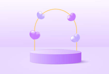 3D purple scene. Minimalistic rendering with cylindrical podium, metal arch and hearts. Poster with platform for presentation and awarding of products. Cartoon modern realistic vector illustrationのイラスト素材
