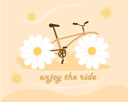 Enjoy ride background. Bicycle with daisies instead of wheels. Graphic elements for website, poster and banner. Metaphor of outdoor activities and sports lifestyle. Cartoon flat vector illustrationのイラスト素材