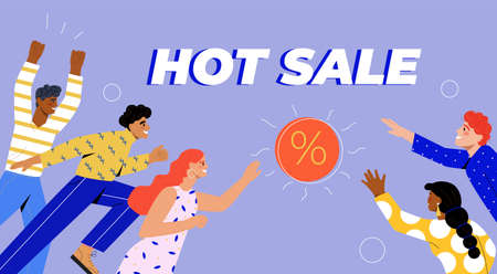 Hot sale concept. Advertising banner with young men and women reaching for sun with percentage sign. Discount, special offer or promotion. Attracting buyers. Cartoon flat vector illustrationのイラスト素材