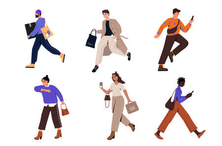 Busy people are late concept. Set of stylish men and women running to office. Employees drink coffee, look at clock and talk on phone on go. Cartoon flat vector collection isolated on white backgroundのイラスト素材
