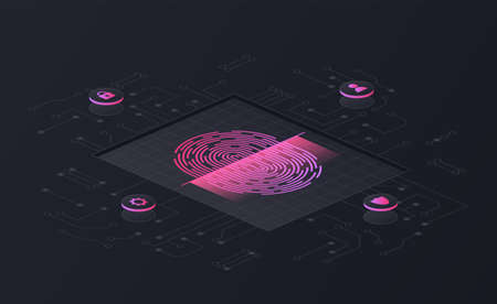 Digital security access with biometrics data abstract concept. Modern digital scanner for personal data protection and connection to network servers. Cartoon modern isometric vector illustrationのイラスト素材