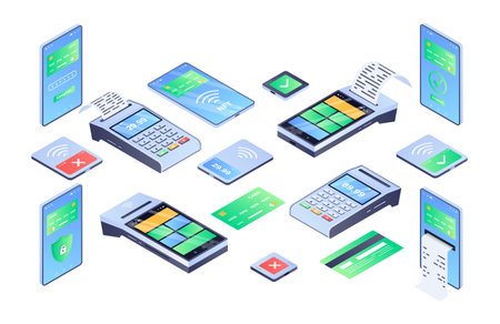 Contactless payments abstract set. Colorful stickers with cashless payment terminals, NFS credit cards, smartphones and receipts. Cartoon isometric vector collection isolated on white backgroundのイラスト素材