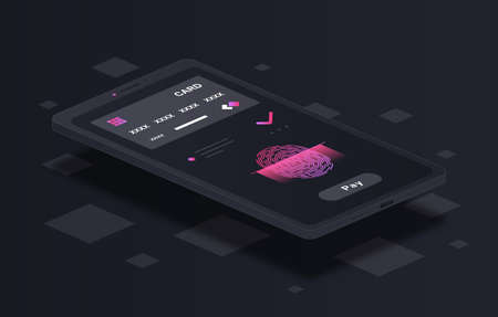 Mobile contactless payments abstract concept. Cashless payment using smartphone and digital bank card. Getting access to money using fingerprint. Biometric data. Cartoon isometric vector illustrationのイラスト素材