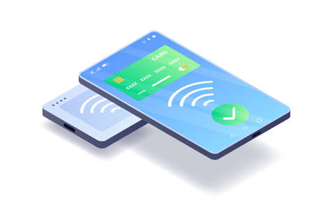 EMV chip credit card square reader concept. Device for contactless payment using smartphone and online wallet. Wireless NFS technology for cashless purchases. Cartoon isometric vector illustrationのイラスト素材